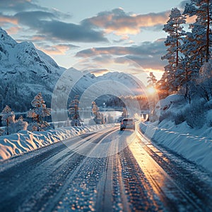 Chilled road exploration Travelers embarking on scenic winter road journeys