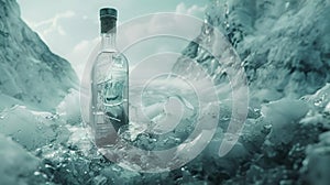 Chilled vodka bottle on a frozen landscape, ice and snow surround with a glacial backdrop. Conceptual advertising image
