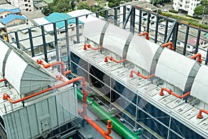 Chiller. Sets of cooling towers in data center building