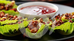 Chilli Beef Lettuce Wraps with sauce on black plate