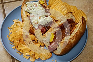 Chilli Hot Dogs with Coleslaw and Cheddar Onion Chips