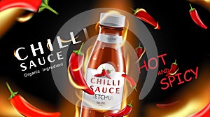 Chilli hot sauce product ads and chili peppers in fire shape with burning fire effect on black background, 3d illustration