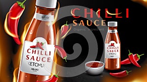 Chilli hot sauce product ads and chili peppers in fire shape with burning fire effect on black background, 3d illustration