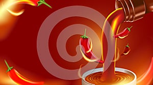 Chilli hot sauce product ads and chili peppers in fire shape with burning fire effect on black background, 3d illustration
