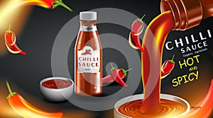 Chilli hot sauce product ads and chili peppers in fire shape with burning fire effect on black background, 3d illustration