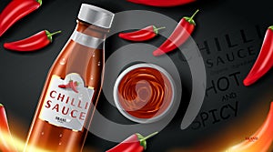 Chilli hot sauce product ads and chili peppers in fire shape with burning fire effect on black background, 3d illustration