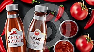 Chilli hot sauce product ads and chili peppers in fire shape with burning fire effect on black background, 3d illustration