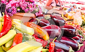 Chilli pepper and Eggplant in framers Market stall for sale. photo