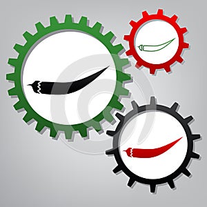 Chilli pepper sign. Vector. Three connected gears with icons at