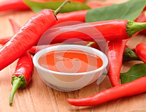 Chilli sauce with red hot chili on wooden background