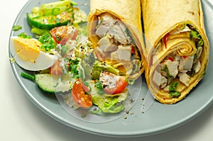 Chilli tortilla wrap with chicken breast, peppers, cucumber and mix salad