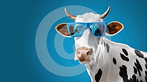 Chillin\' Bovine: Hilarious Cow Rocking Sunglasses in the Spotlight of a Vibrant Blue Studio. created with Generative AI