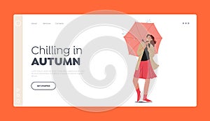 Chilling Autumn Landing Page Template. Cheerful Young Woman City Dweller Holding Umbrella Stand under Rain