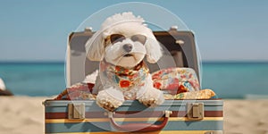 Chilling Bichon Frise on Beach Sunglasses and Opened Suitcase - travel and holiday concept. Generative AI