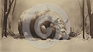 Chilling Creatures: A Sepia-toned Rhino In The Snow