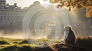 Chilling Creatures: A Small Monkey Watching A Sunrise In Traditional British Landscape