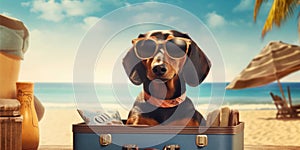 Chilling Dachshund on Beach Sunglasses and Opened Suitcase - travel and holiday concept. Generative AI