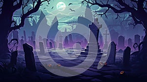 chilling graveyard at midnight, halloween background, 2d cartoon illustration, generative ai