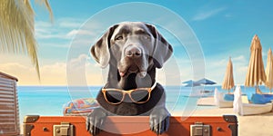 Chilling Labrador Retriever on Beach Sunglasses and Opened Suitcase - travel and holiday concept. Generative AI