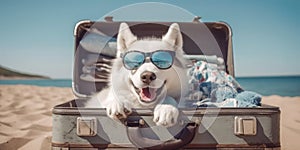 Chilling Siberian Huskie dog on Beach Sunglasses and Opened Suitcase - travel and vacations concept. Generative AI