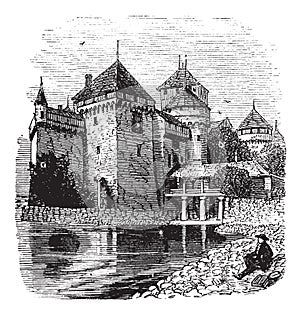 Chillon Castle or Chateau de Chillon in Veytaux, Switzerland, during the 1890s, vintage engraving