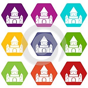 Chillon Castle, Switzerland icon set color hexahedron