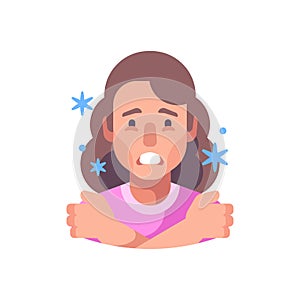 Chills flat illustration. Woman feeling cold and shivering