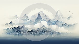 Chillwave Style Illustration Of Mountains And Water With Hand Drawn Watercolor Calligraphy