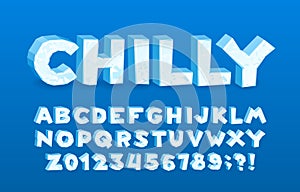 Chilly alphabet font. 3D cartoon ice letters and numbers.