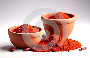 Chilly powder with red chilly in clay pots isolated on white background