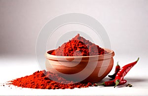 Chilly powder with red chilly in clay pots on white background