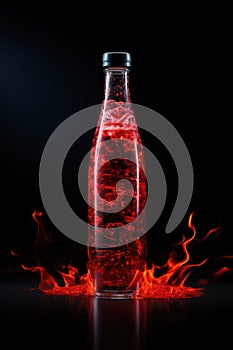 Chilly sauce or ketchup in glass bottle made of red hot chili peppers on black background with flame and smoke