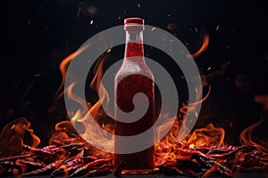 Chilly sauce or ketchup in glass bottle with red hot chili peppers on black background with smoke.