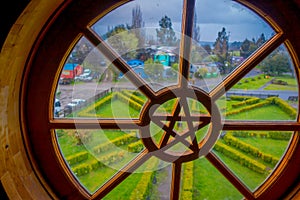 CHILOE, CHILE - SEPTEMBER, 27, 2018: Indoor view of window of Nercon church catholic temple located in chilota commune