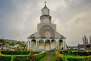 CHILOE, CHILE - SEPTEMBER, 27, 2018: Outdoor view of historic church of Nercon, catholic temple located in the chilota