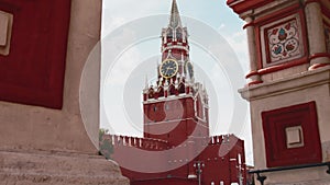 Chimes on Red Square in Moscow, symbols of the country, night. Big clock on the tower.