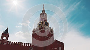 Chimes on Red Square in Moscow, symbols of the country, night. Big clock on the tower.