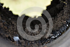 Chimney flue pipe covered with a thick layer of soot. photo