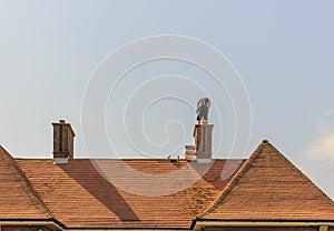 Chimney liner installation on a 1930 built house. A skilled installer can be seen placing the metal liner tube inside the chimney