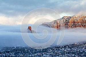 Chimney Rock and Sedona at sunrise after snowfall