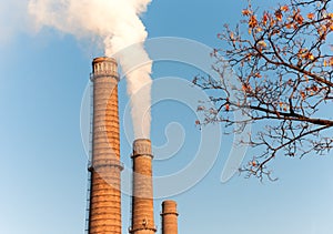 Chimney smoke with blue sky