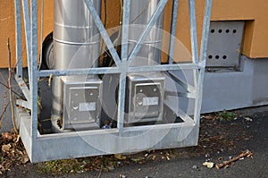 Chimney for solid fuels or gas boiler with inspection and cleaning shaft. stainless steel insulated chimneys running along the ora