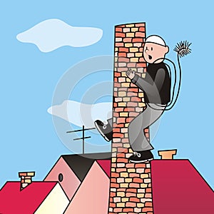 Chimney-sweep, man on smoke stack, foofs, cartoon, vector funny illustration