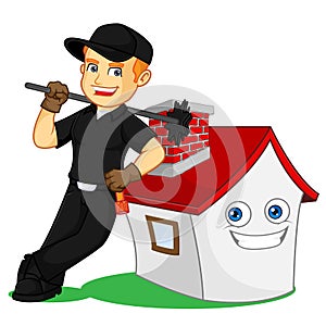 Chimney Sweeper leaning on a house