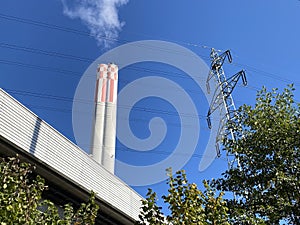 The chimney from a thermal power plant Aubrugg Hhkw Aubrugg or Heizkraftwerk Aubrugg - ZÃ¼rich / Zuerich or Zurich /