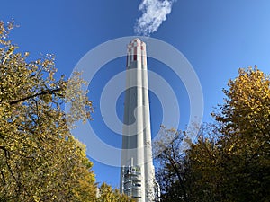 The chimney from a thermal power plant Aubrugg Hhkw Aubrugg or Heizkraftwerk Aubrugg - ZÃ¼rich / Zuerich or Zurich /