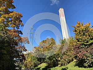 The chimney from a thermal power plant Aubrugg Hhkw Aubrugg or Heizkraftwerk Aubrugg - ZÃ¼rich / Zuerich or Zurich /