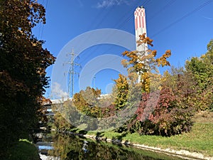 The chimney from a thermal power plant Aubrugg Hhkw Aubrugg or Heizkraftwerk Aubrugg - ZÃ¼rich / Zuerich or Zurich /