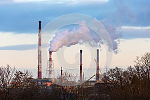 Chimneys of heating plant in Gdansk at dawn, Poland