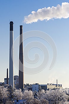 Chimneys at a thermal power station wintertime